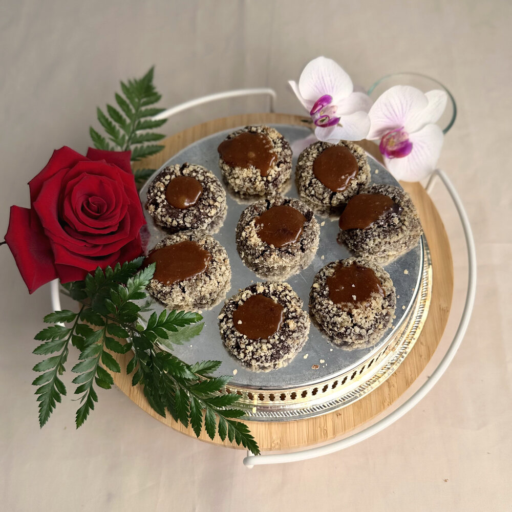 Chocolate cookies rolled in nut crumb, topped with homemade caramel, Honey & Fig Bakery, Pflugerville, Texas