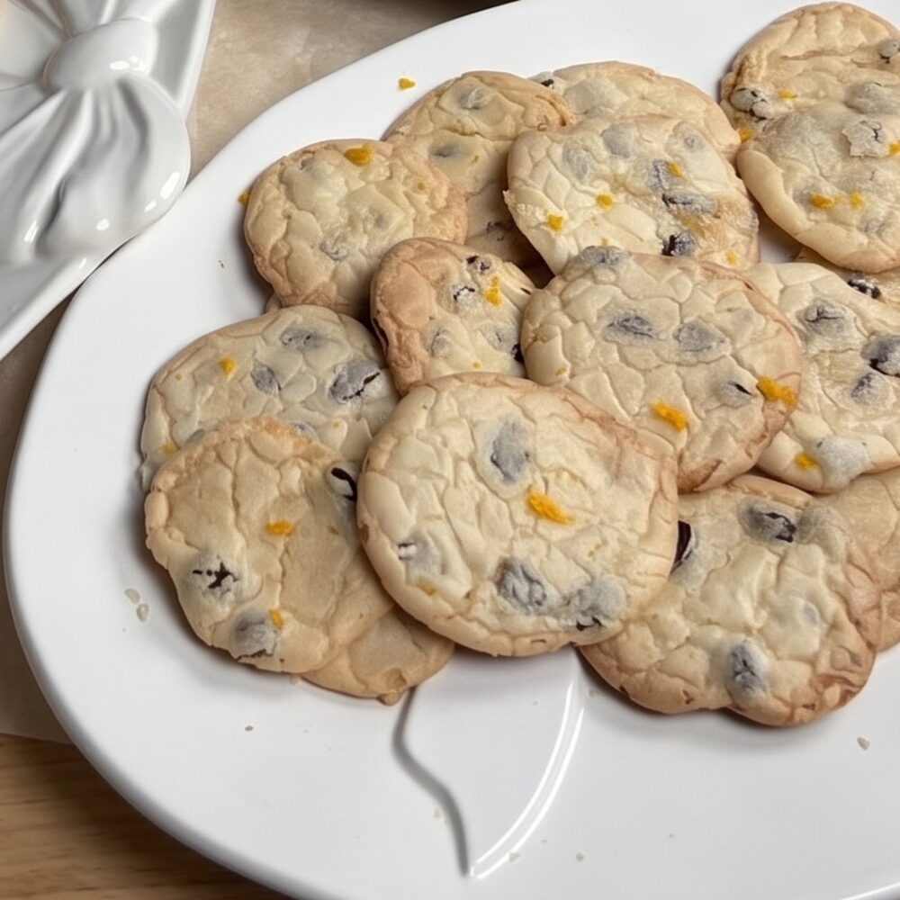 Persian Raisin Cookies with crackled tops and sweet raisins on a white platter, Honey & Fig Bakery, Pflugerville, Texas