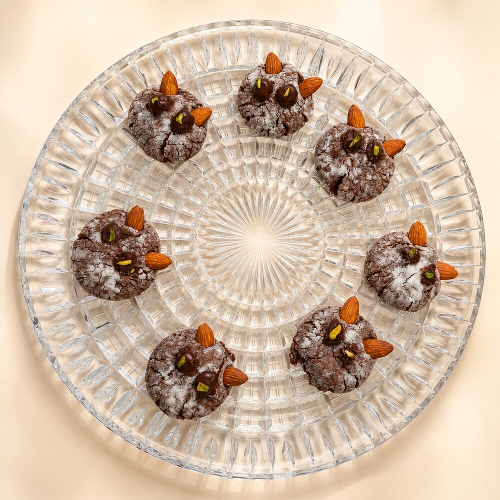 Chocolate crackle cookies decorated as cat faces with almond ears and pistachio eyes on a crystal platter, Honey & Fig Bakery, Pflugerville, Texas